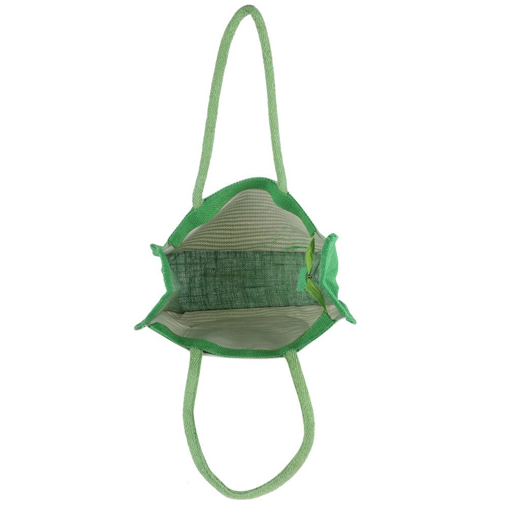 Eco-Friendly Green Jute Handbag with Elephant Print Pocket  Reusable Shopping Tote (28x8x32 cm)