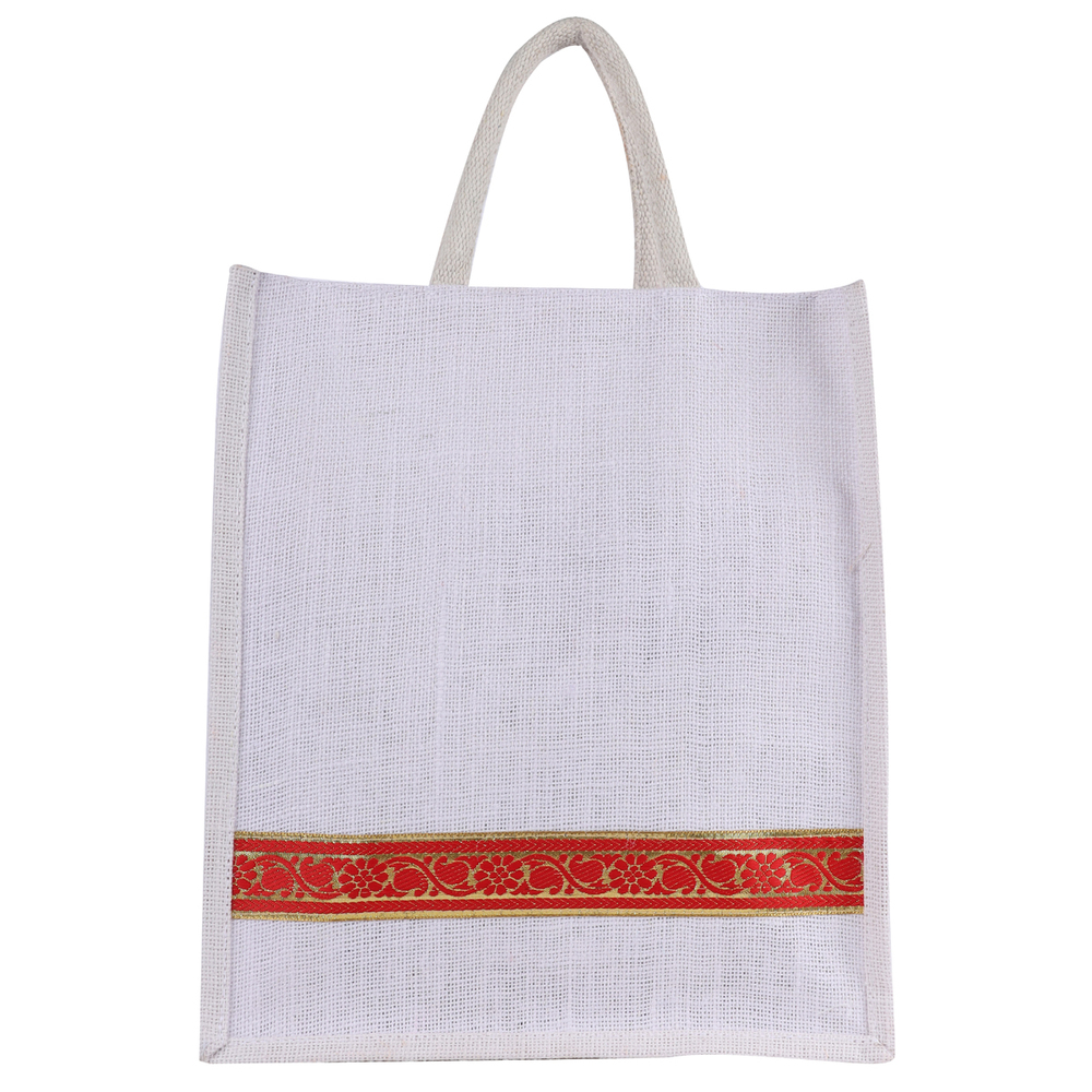 White Ethnic Jute Gift Bag with Red and Gold Border  Eco-Friendly Reusable Tote for Festive Gifting & Return Favors