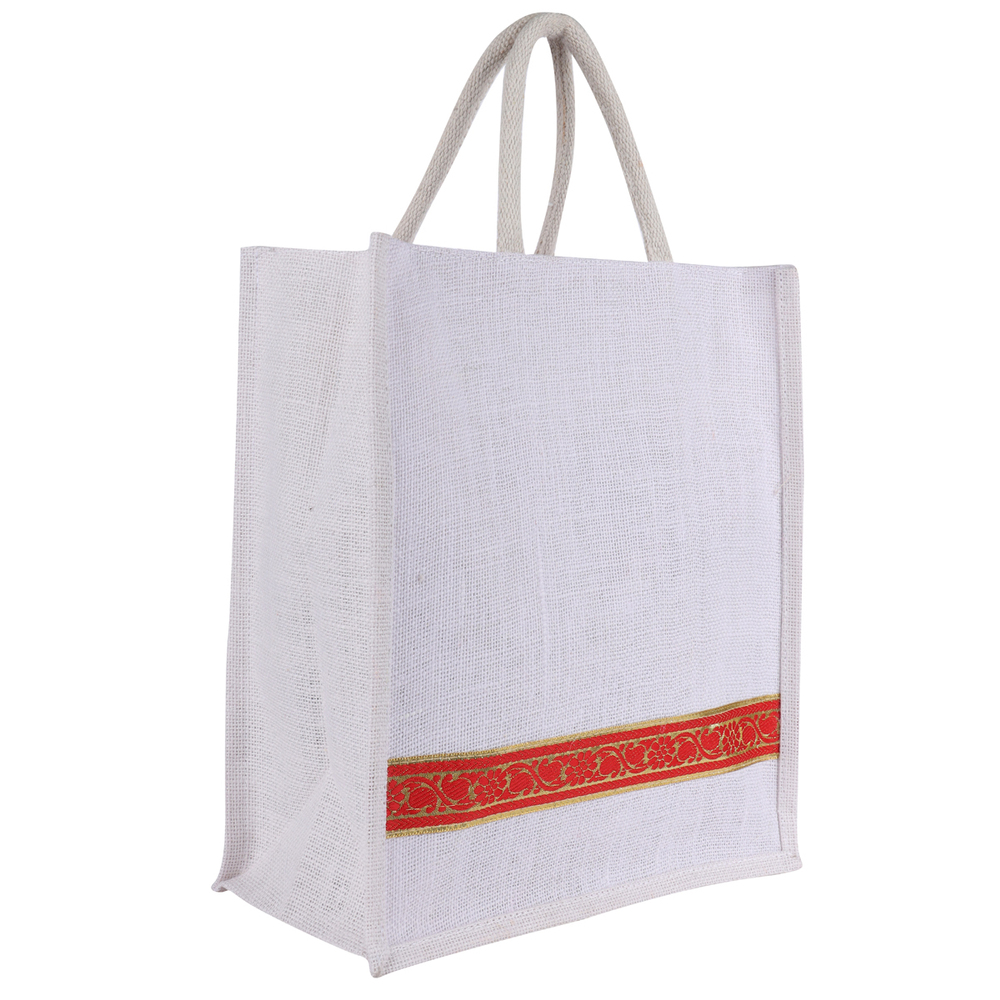 White Ethnic Jute Gift Bag with Red and Gold Border  Eco-Friendly Reusable Tote for Festive Gifting & Return Favors