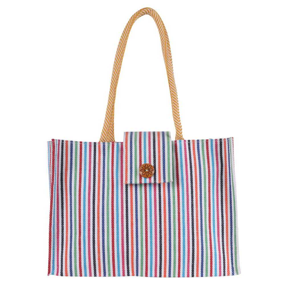 Eco-Friendly Cotton Canvas Tote Bag with Colorful Stripes  35x25x8 cm | Sustainable Shopping & Everyday Use Bag with Long Handle