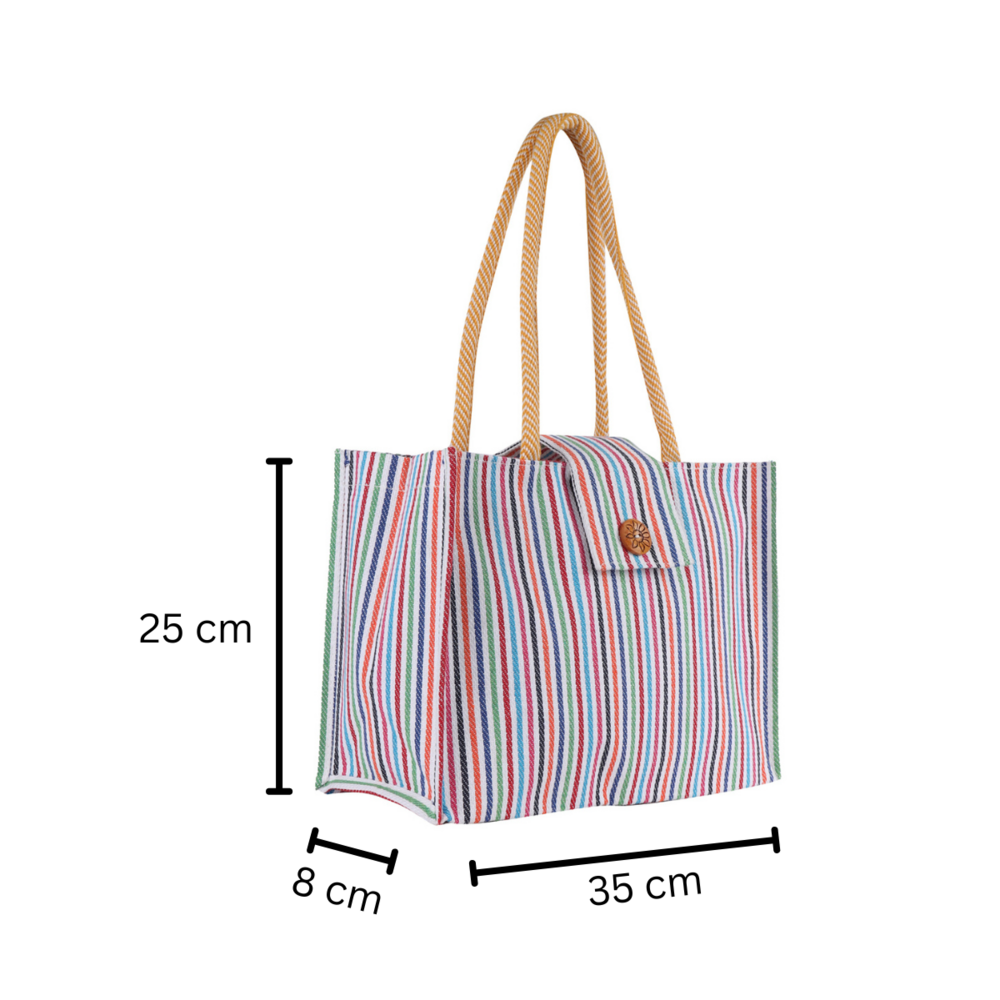 Eco-Friendly Cotton Canvas Tote Bag with Colorful Stripes  35x25x8 cm | Sustainable Shopping & Everyday Use Bag with Long Handle