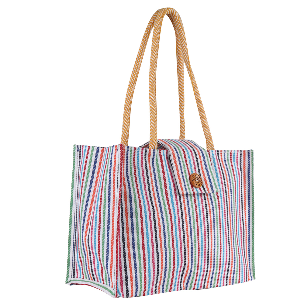 Eco-Friendly Cotton Canvas Tote Bag with Colorful Stripes  35x25x8 cm | Sustainable Shopping & Everyday Use Bag with Long Handle