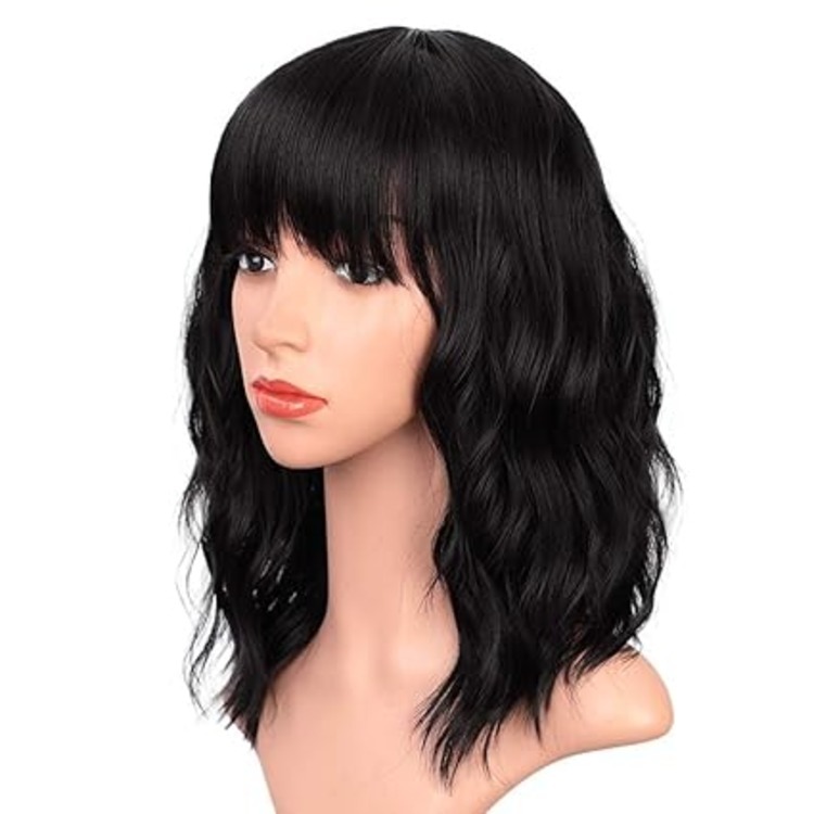 natural Black Wigs with Bangs for Women 14 Inches  Curly Bob Wig for Girl Natural Looking Wavy Wigs