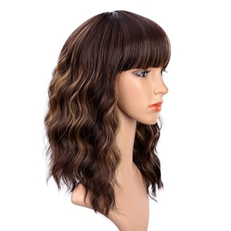 natural Black Wigs with Bangs for Women 14 Inches  Curly Bob Wig for Girl Natural Looking Wavy Wigs