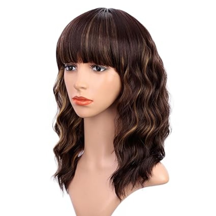 natural Black Wigs with Bangs for Women 14 Inches  Curly Bob Wig for Girl Natural Looking Wavy Wigs
