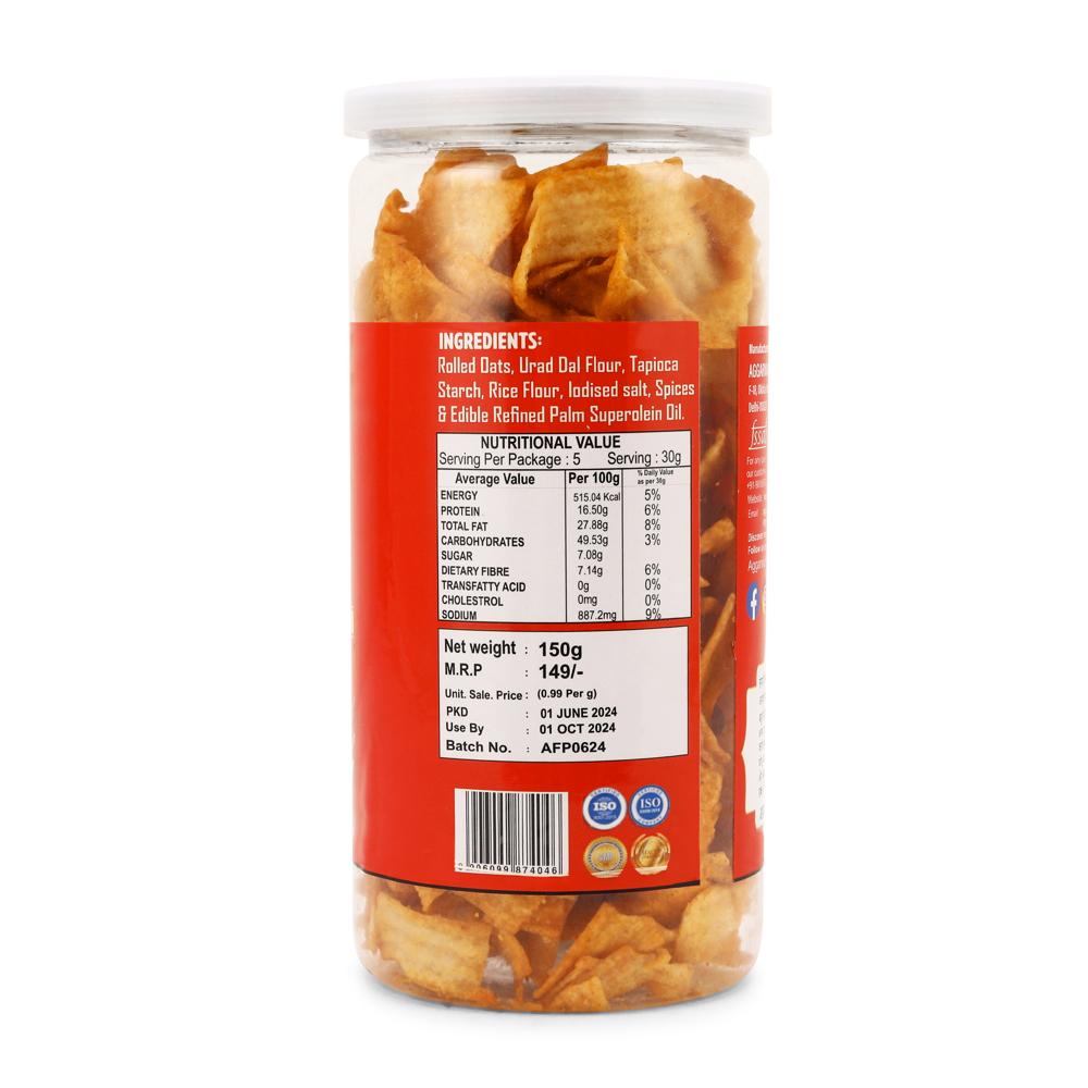 Oats Masala Chips - Oats, 150 Gm Plastic Bottle, Fried Processing | Healthy Snack, Savory Salty Taste, 4 Months Shelf Life
