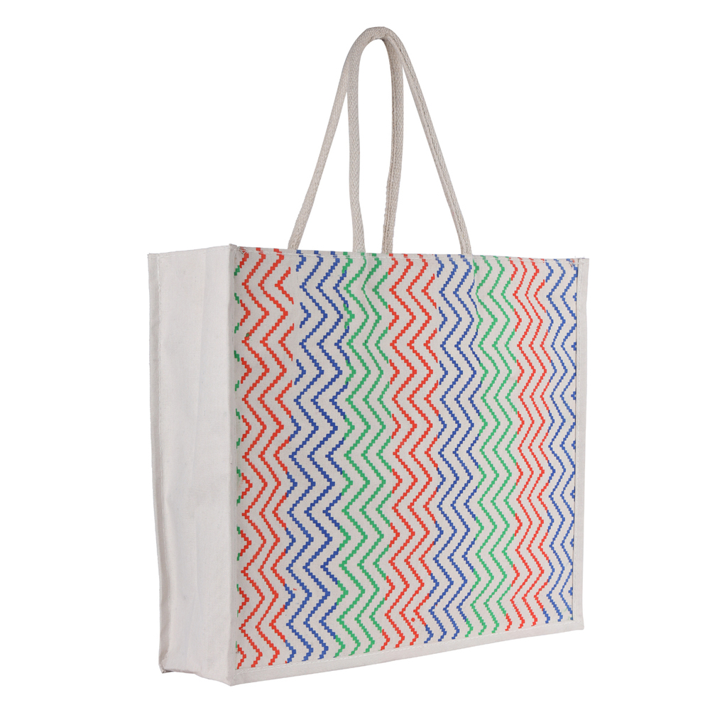 "Eco-friendly Cotton Canvas Tote Bag Aca A Large Reusable Shopping Bag With Zigzag Print (42x49x10 Cm)
