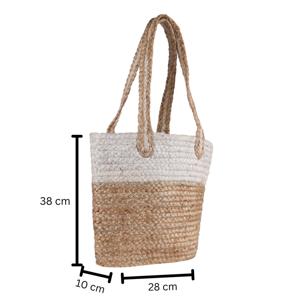 Handmade Two-Tone Jute Tote Bag with Braided Handles  Eco-Friendly, Stylish & Durable  Natural & White