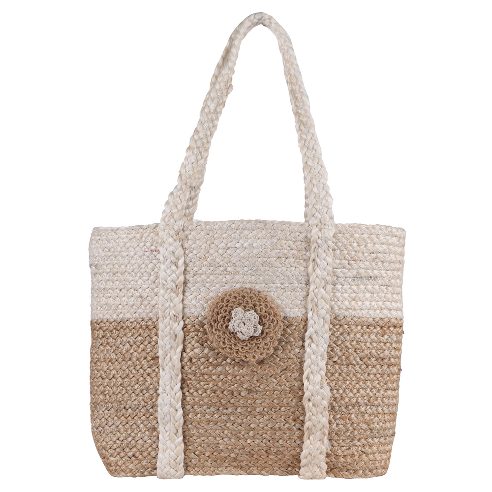 Handcrafted Two-Tone Jute Tote Bag with Braided Handles and Floral Accent  Eco-Friendly and Stylish
