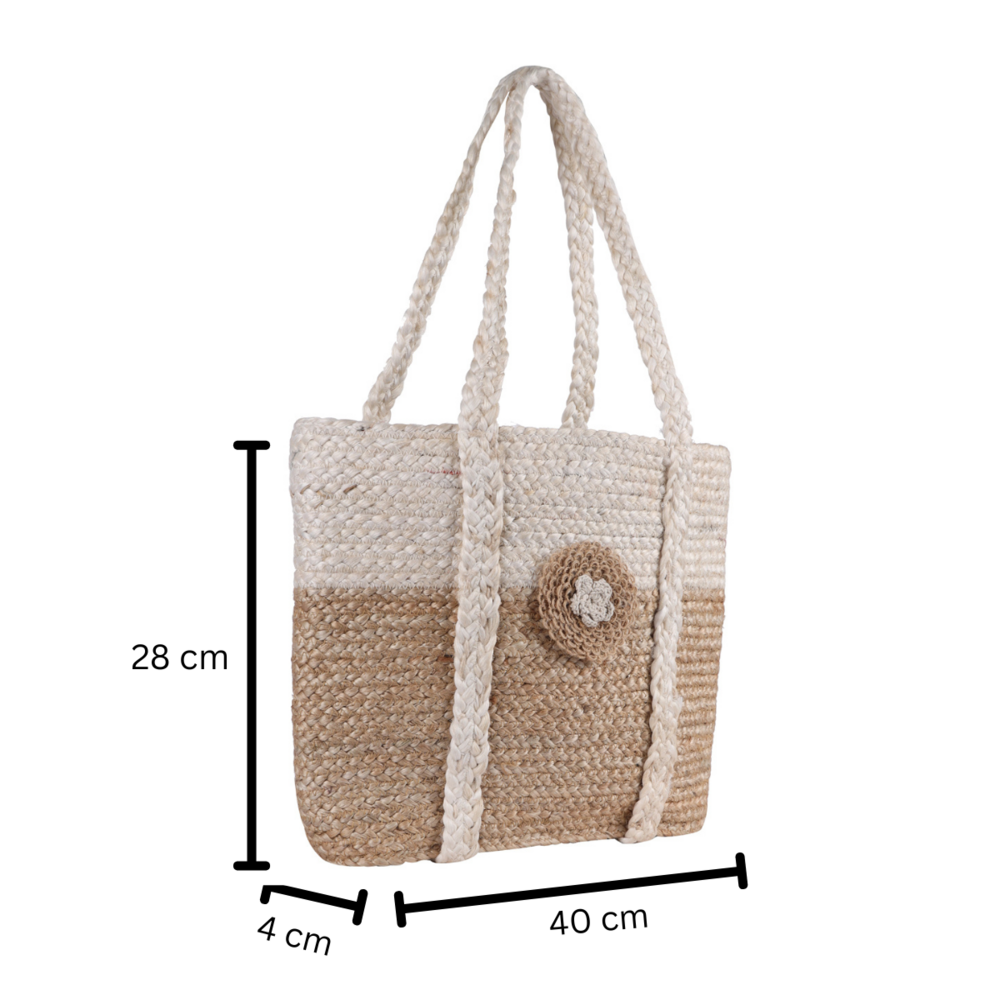 Handcrafted Two-Tone Jute Tote Bag with Braided Handles and Floral Accent  Eco-Friendly and Stylish