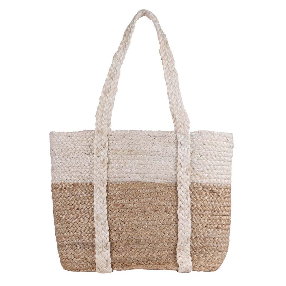 Handcrafted Two-Tone Jute Tote Bag with Braided Handles and Floral Accent  Eco-Friendly and Stylish