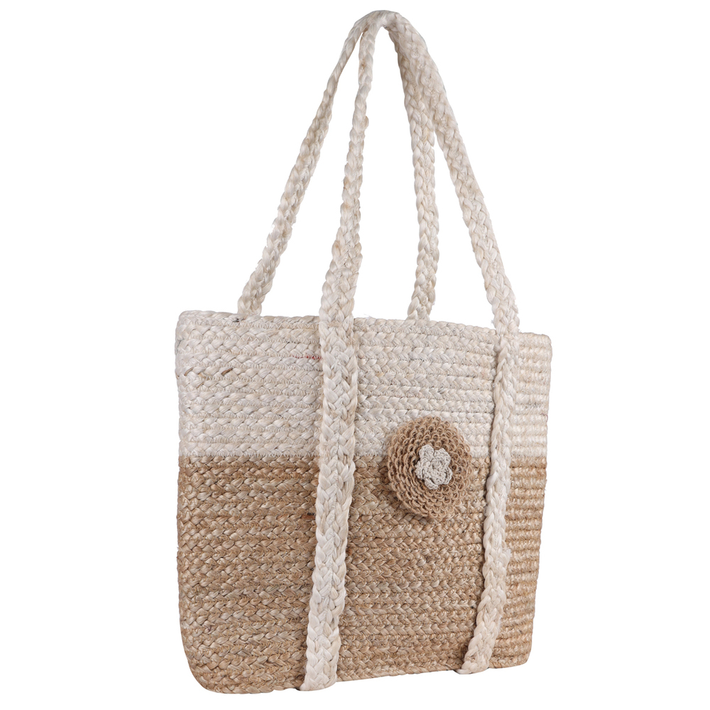 Handcrafted Two-Tone Jute Tote Bag with Braided Handles and Floral Accent  Eco-Friendly and Stylish