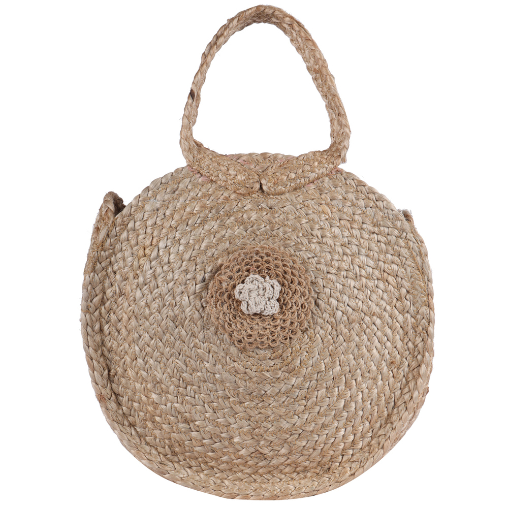 Eco-Friendly Handcrafted Round Jute Handbag with Floral Patch  Natural Sustainable Sling Tote for Women