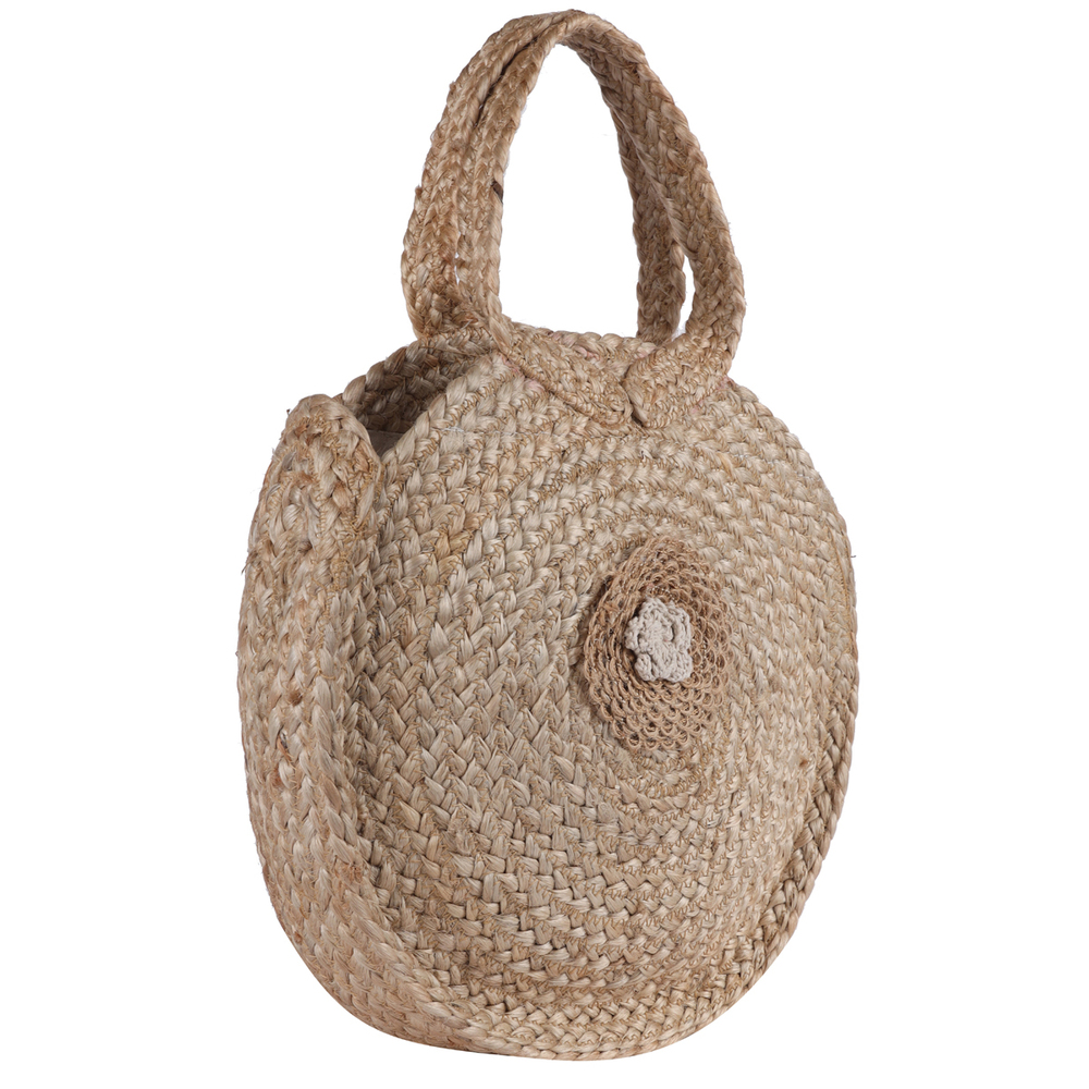 Eco-Friendly Handcrafted Round Jute Handbag with Floral Patch  Natural Sustainable Sling Tote for Women