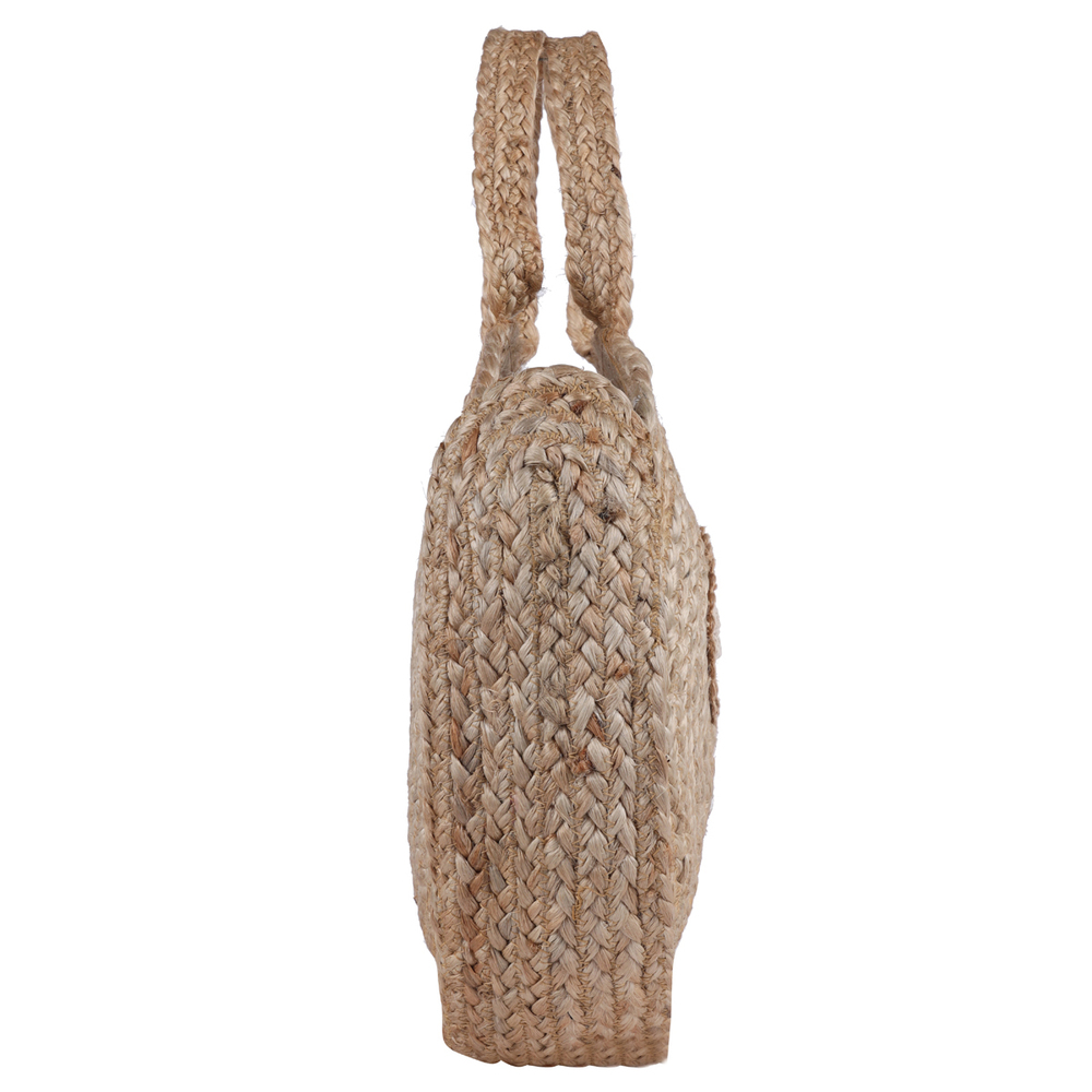 Eco-Friendly Handcrafted Round Jute Handbag with Floral Patch  Natural Sustainable Sling Tote for Women