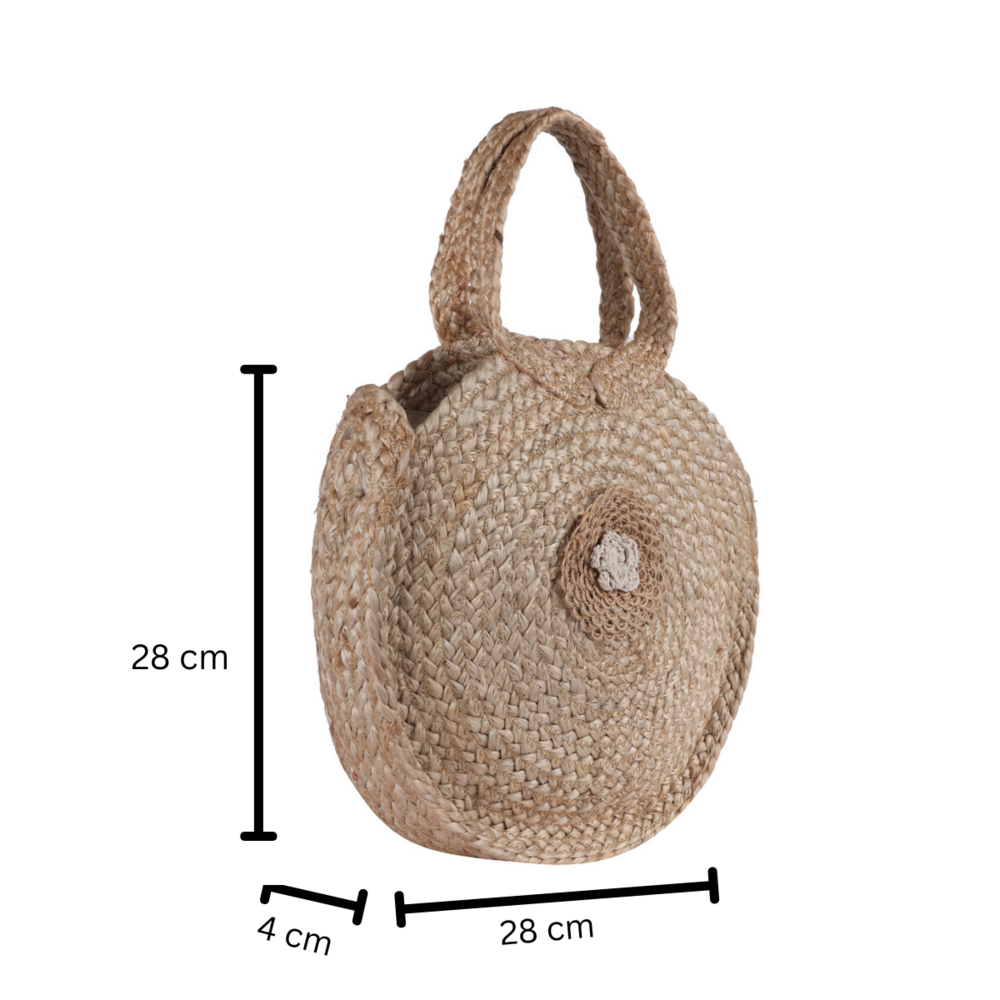 Eco-Friendly Handcrafted Round Jute Handbag with Floral Patch  Natural Sustainable Sling Tote for Women