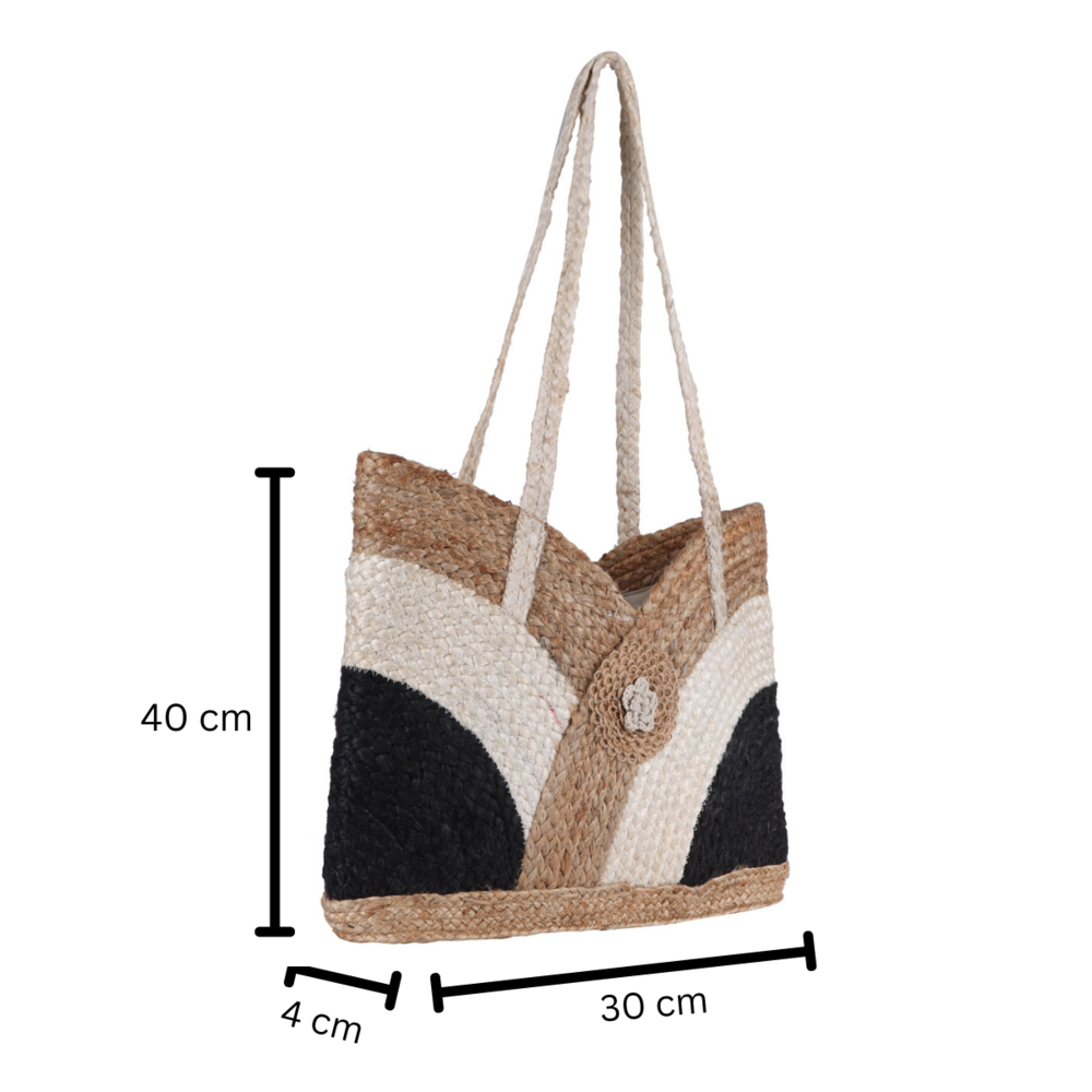 Handcrafted Eco-Friendly Jute Tote Bag with Black & Natural Color Blocking  Stylish Shoulder Bag for Women