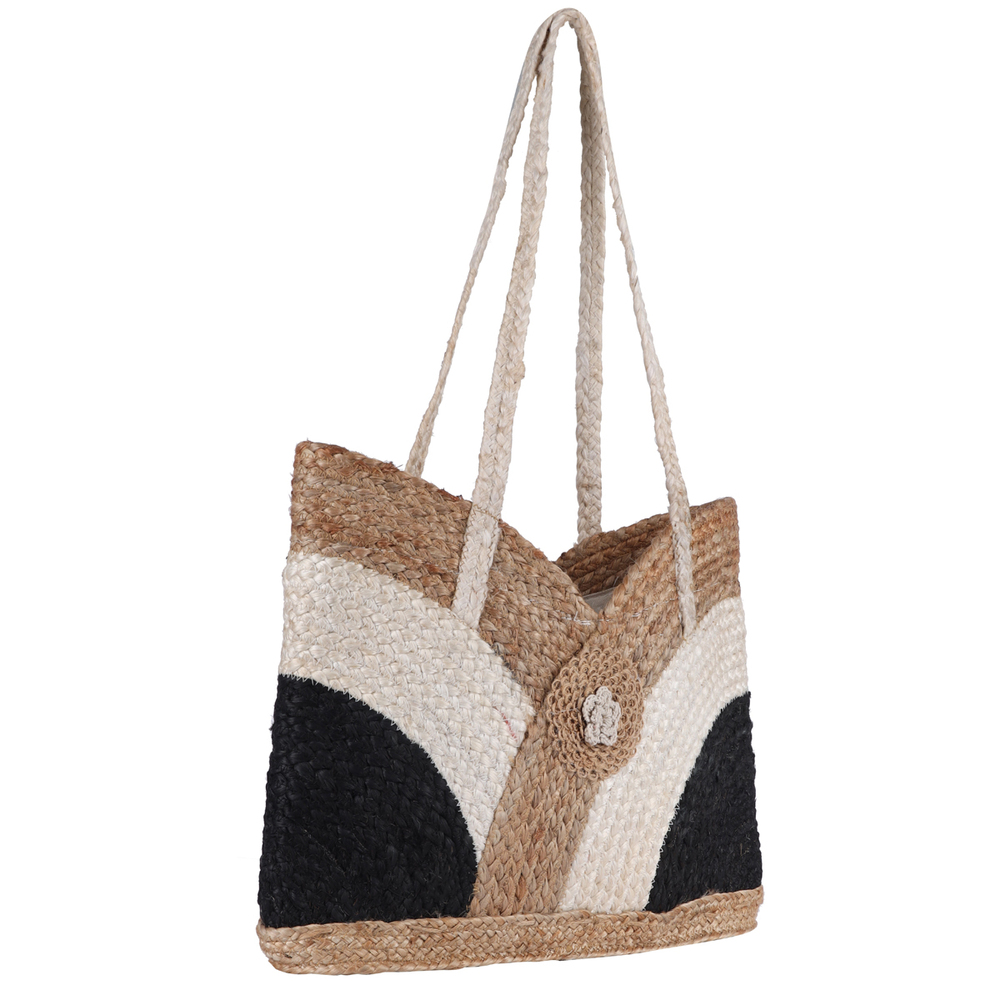 Handcrafted Eco-Friendly Jute Tote Bag with Black & Natural Color Blocking  Stylish Shoulder Bag for Women