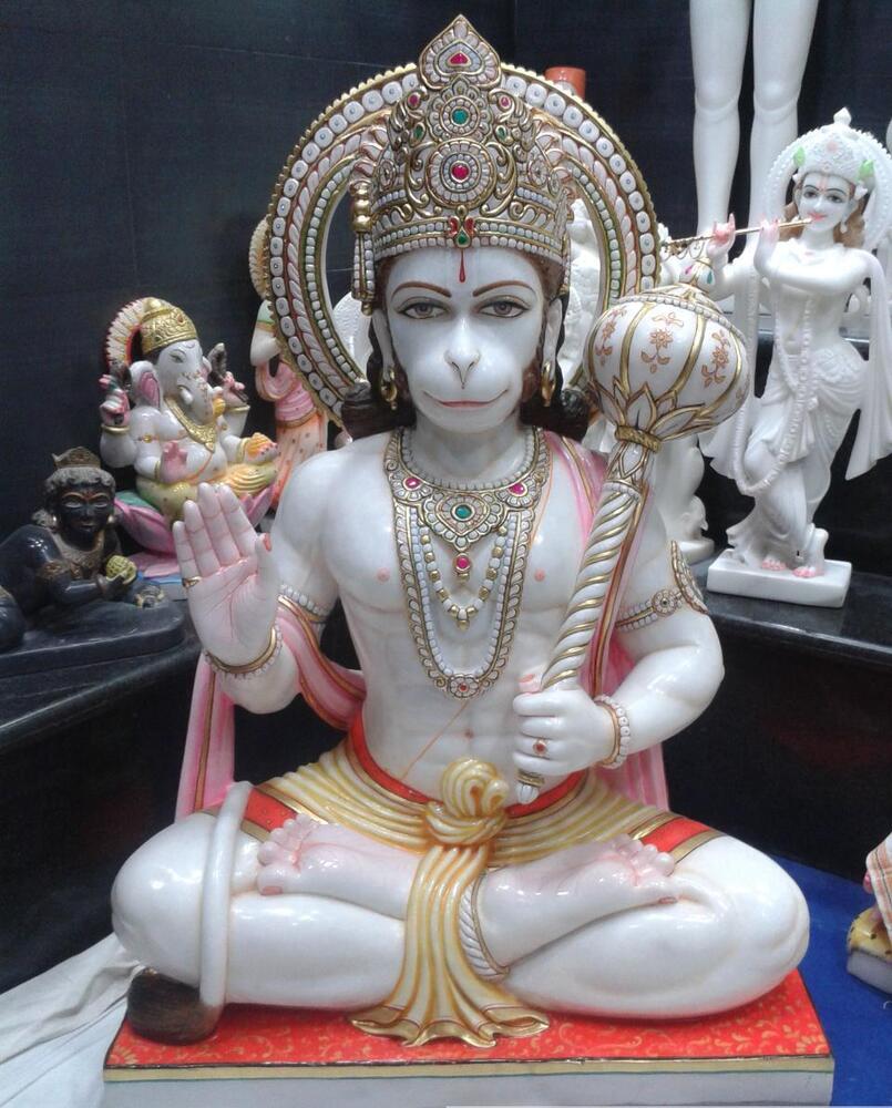Hanuman Ji Makrana Marble Statue - Color: Pure White