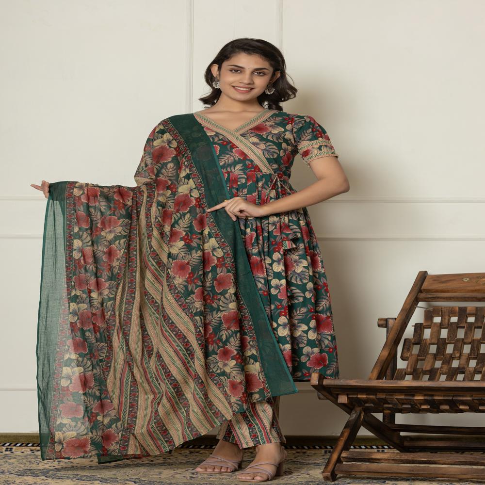 Bottle Green Angrakha Kurti Pant Set With Dupatta
