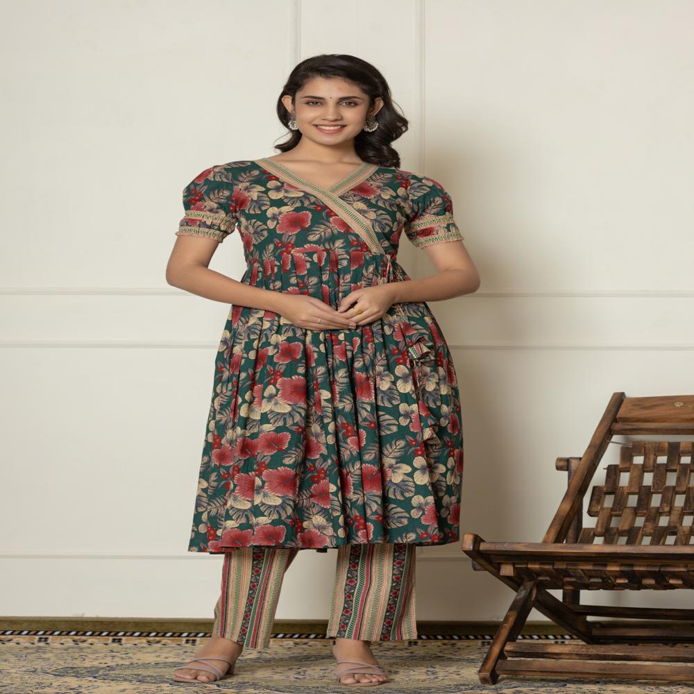 Bottle Green Angrakha Kurti Pant Set With Dupatta