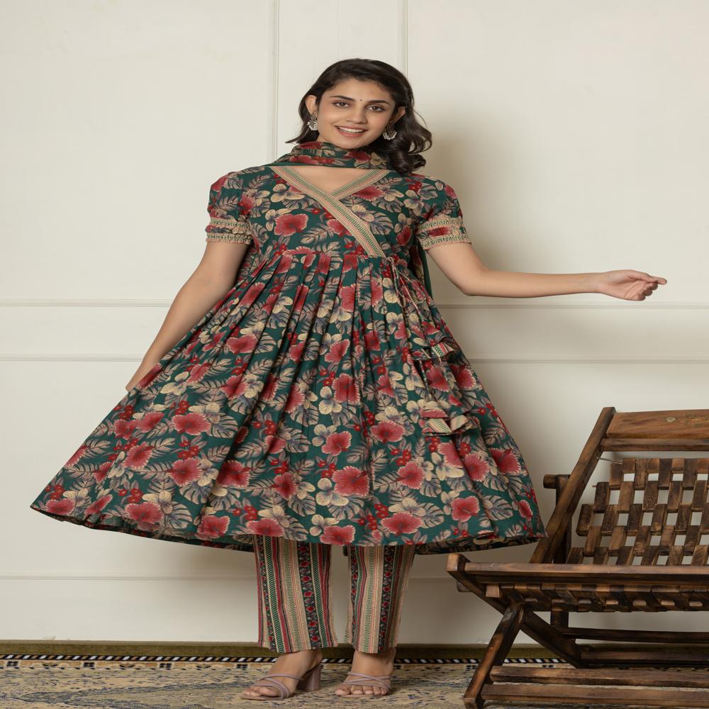 Bottle Green Angrakha Kurti Pant Set With Dupatta