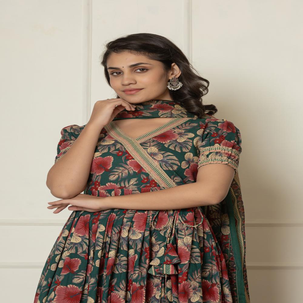 Bottle Green Angrakha Kurti Pant Set With Dupatta