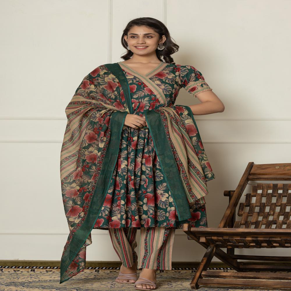 Bottle Green Angrakha Kurti Pant Set With Dupatta
