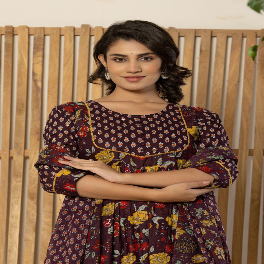 Wine Floral Print Anarkali Kurti pant set with dupatta