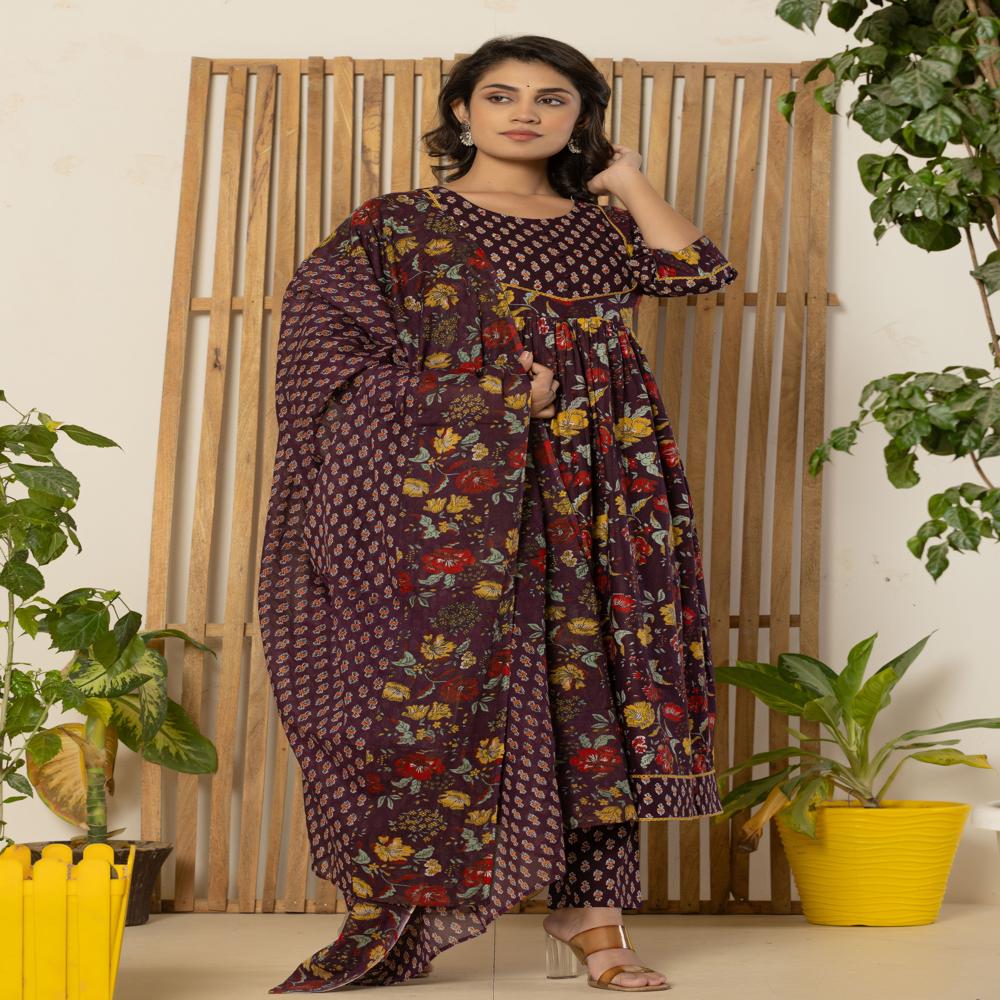 Wine Floral Print Anarkali Kurti pant set with dupatta