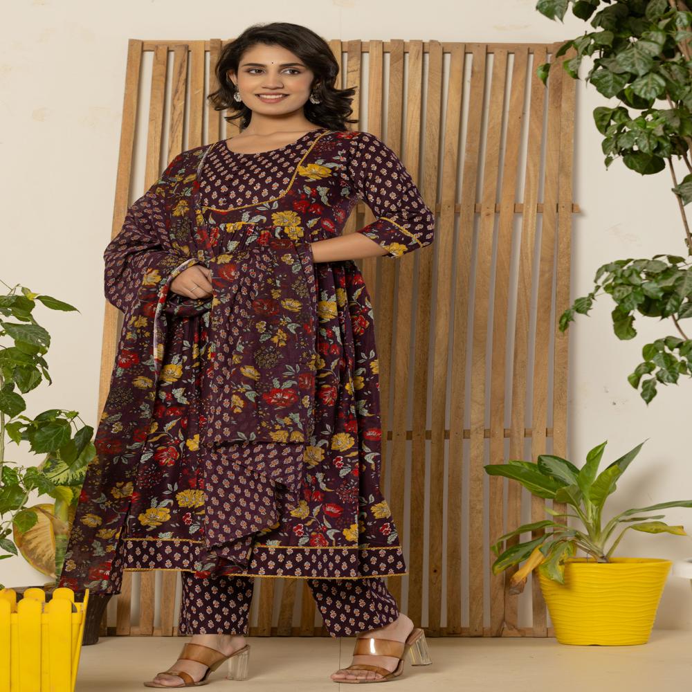 Wine Floral Print Anarkali Kurti pant set with dupatta