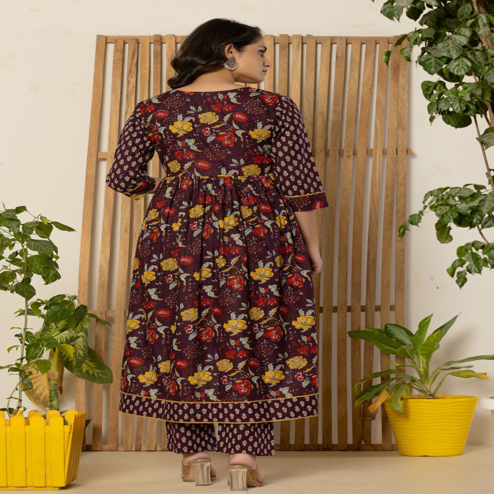 Wine Floral Print Anarkali Kurti pant set with dupatta