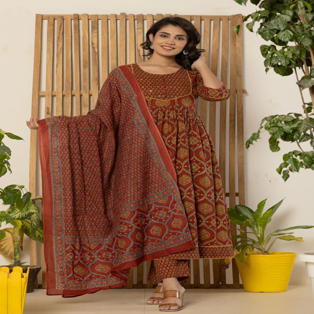 Sienna Ogee Print Anarkali Kurti Pant set with dupatta