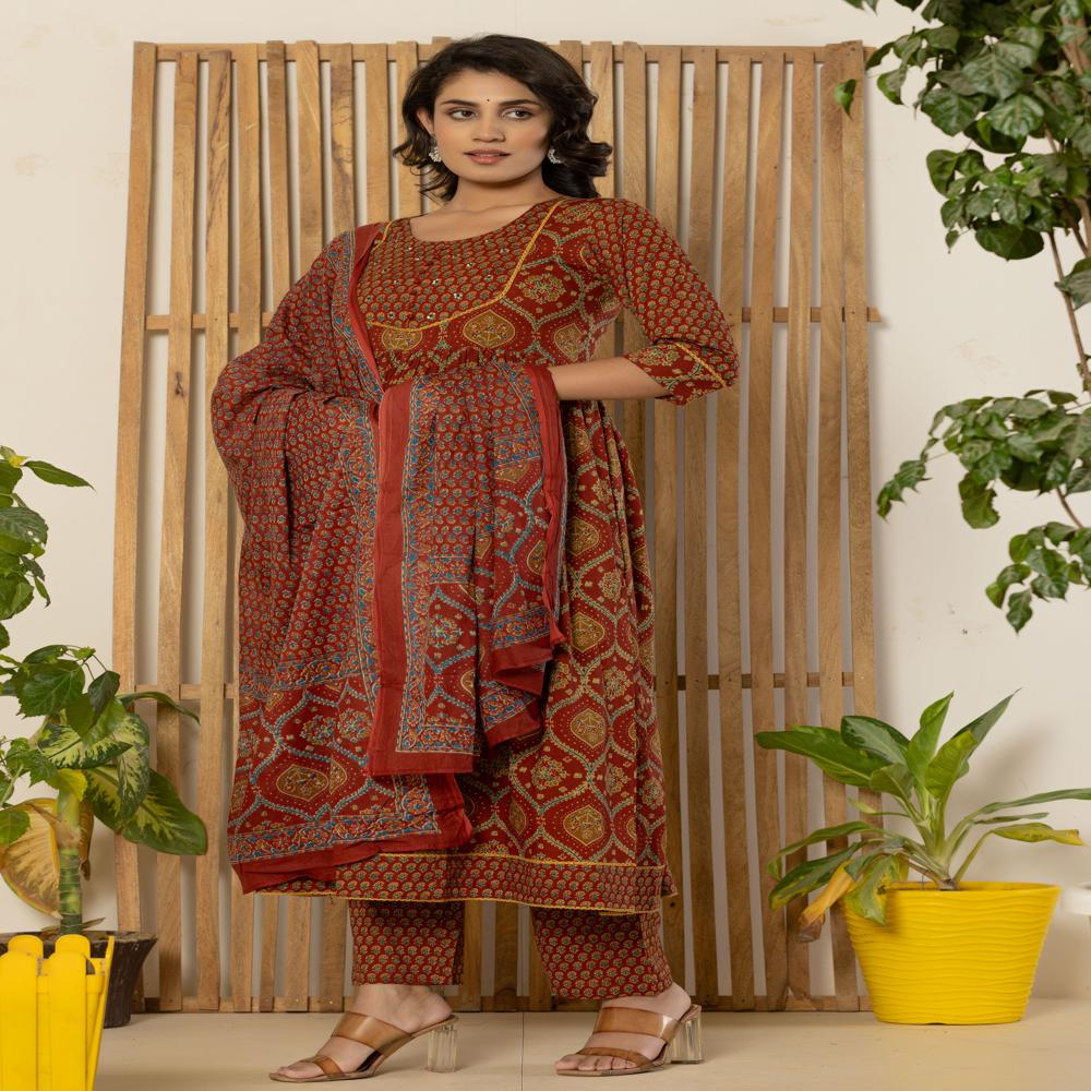 Sienna Ogee Print Anarkali Kurti Pant set with dupatta