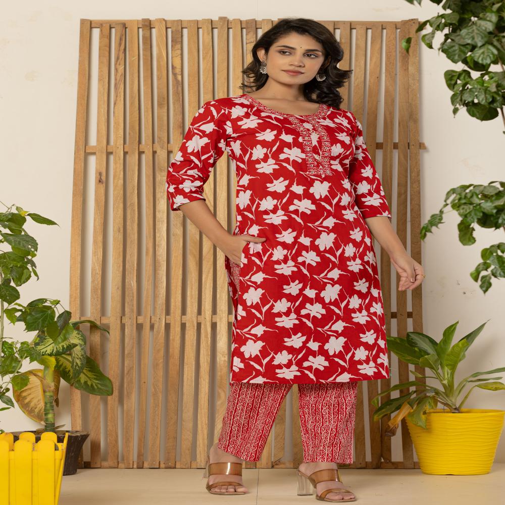 Red Floral Print Kurti Pant Set with Dupatta
