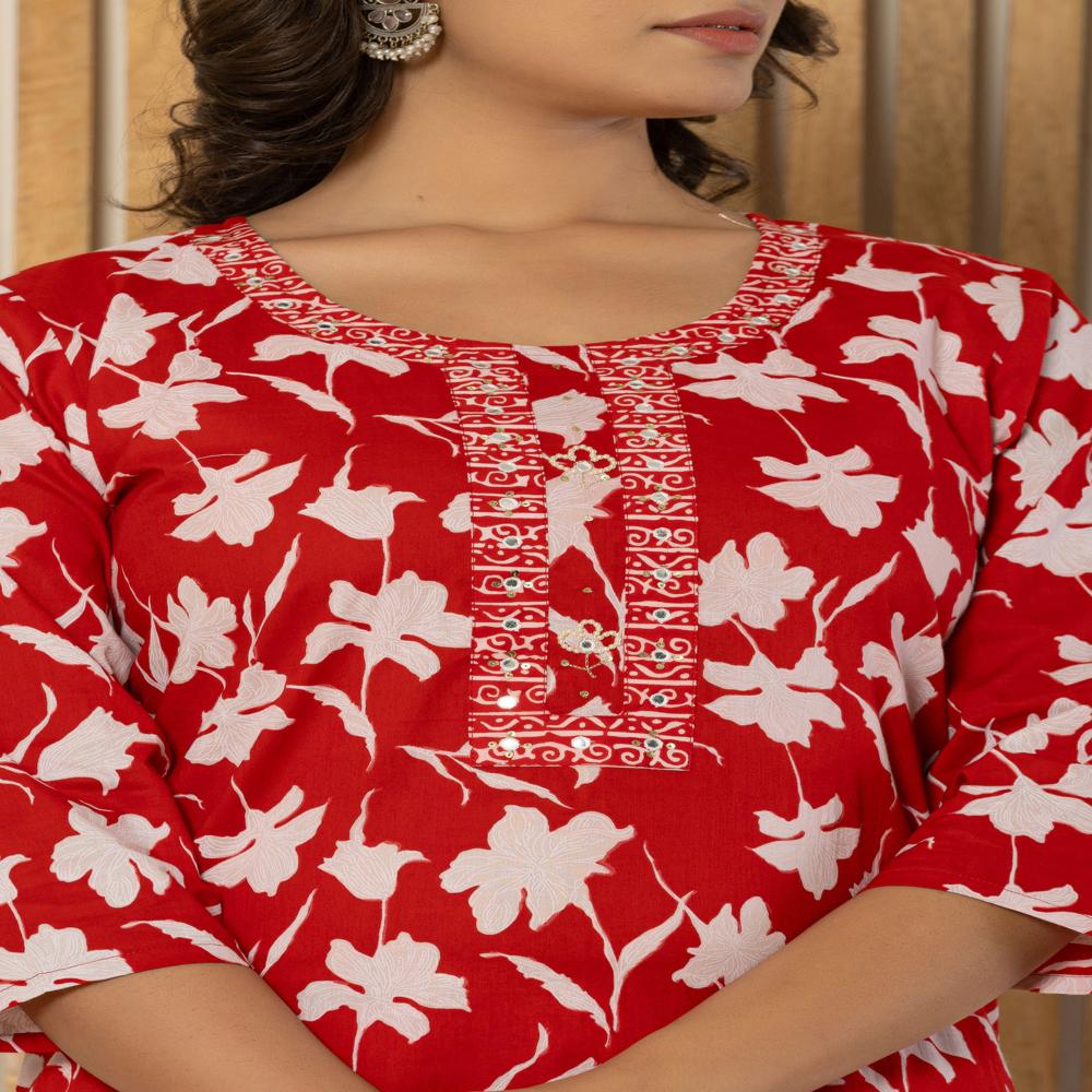 Red Floral Print Kurti Pant Set with Dupatta