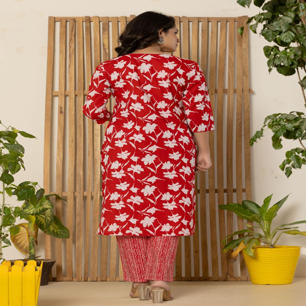 Red Floral Print Kurti Pant Set with Dupatta