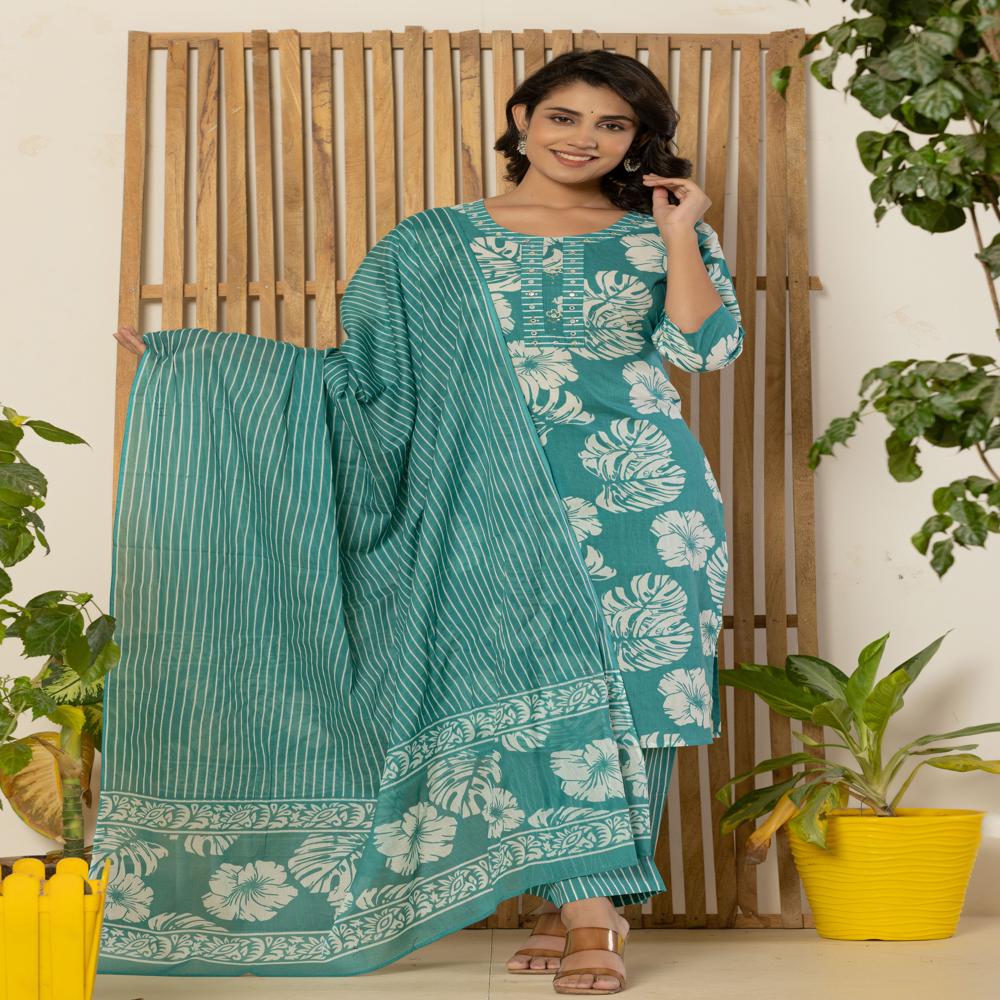 Torquoise Leaf Print Kurti Pant Set With Dupatta