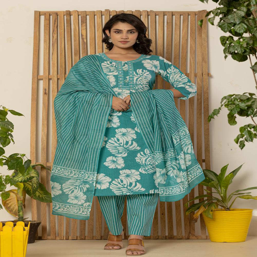 Torquoise Leaf Print Kurti Pant Set With Dupatta