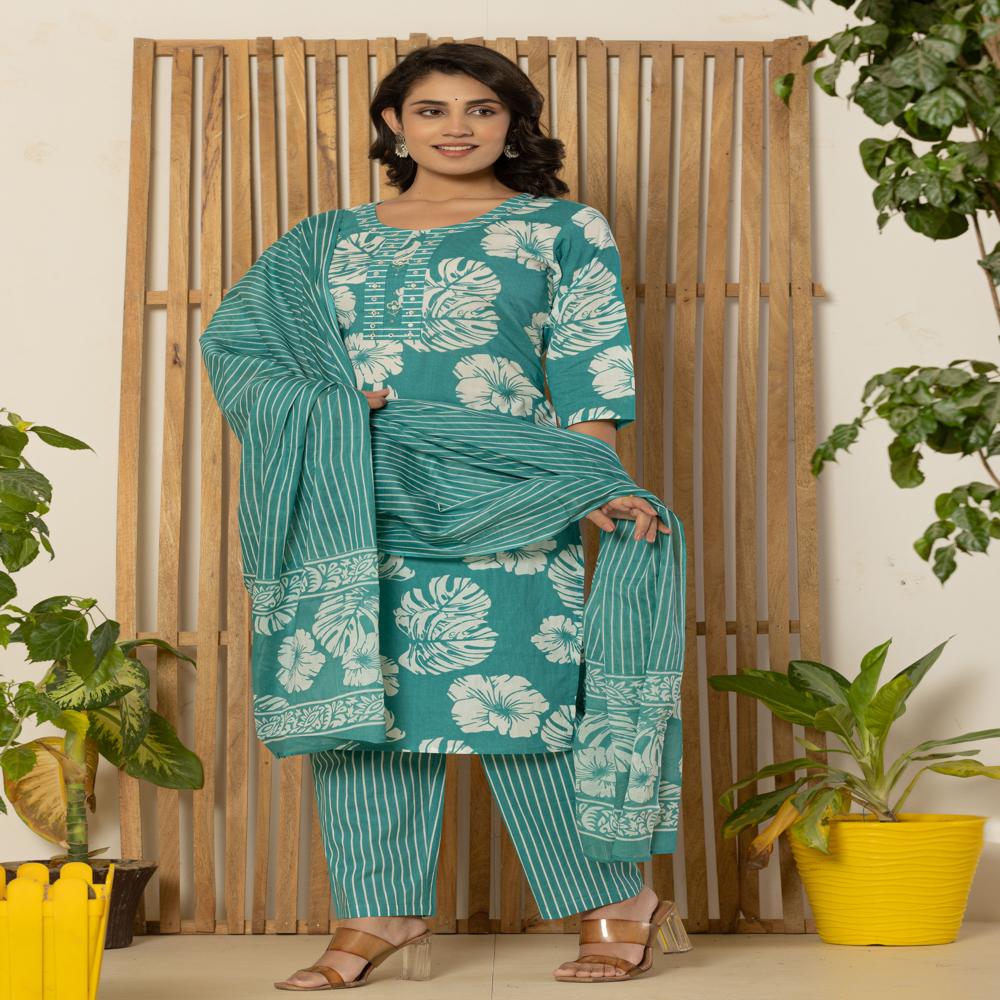 Torquoise Leaf Print Kurti Pant Set With Dupatta