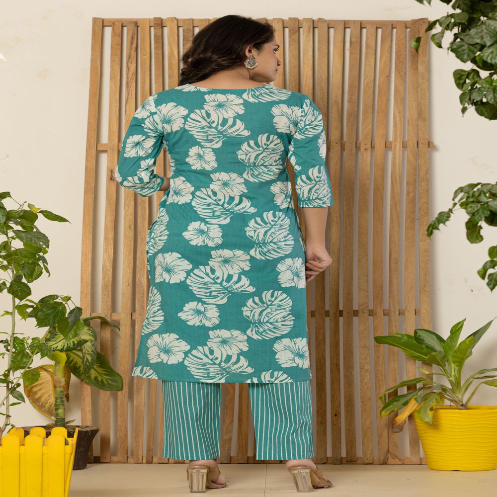 Torquoise Leaf Print Kurti Pant Set With Dupatta