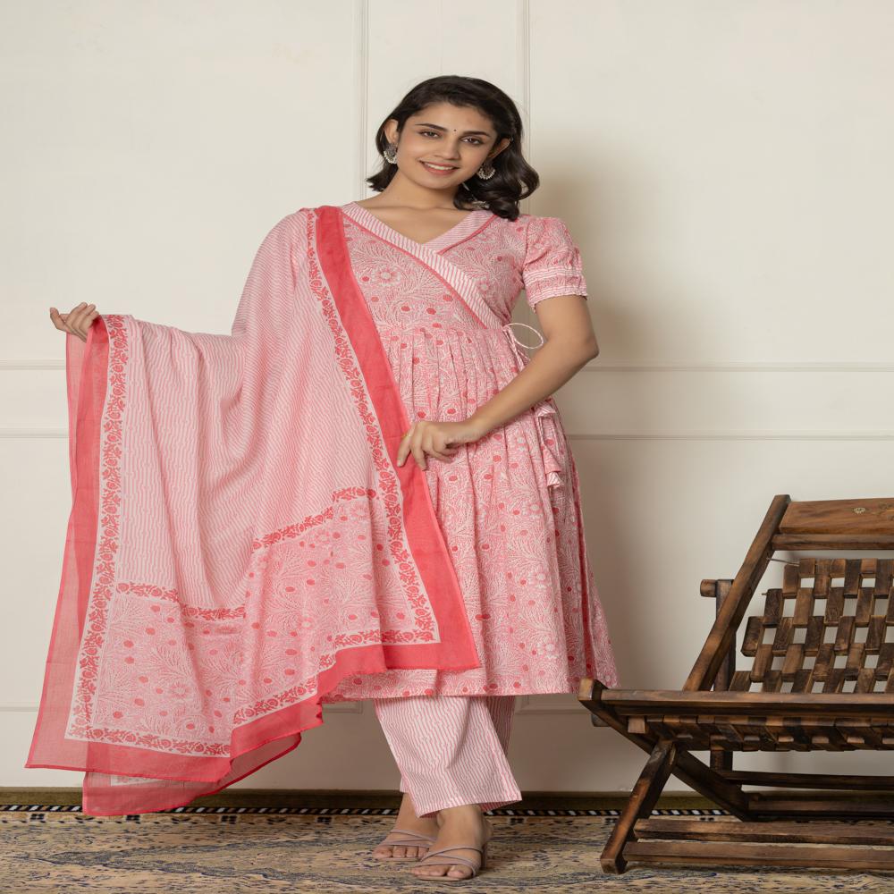 Punch Pink Angrakha Kurti Pant Set With Dupatta