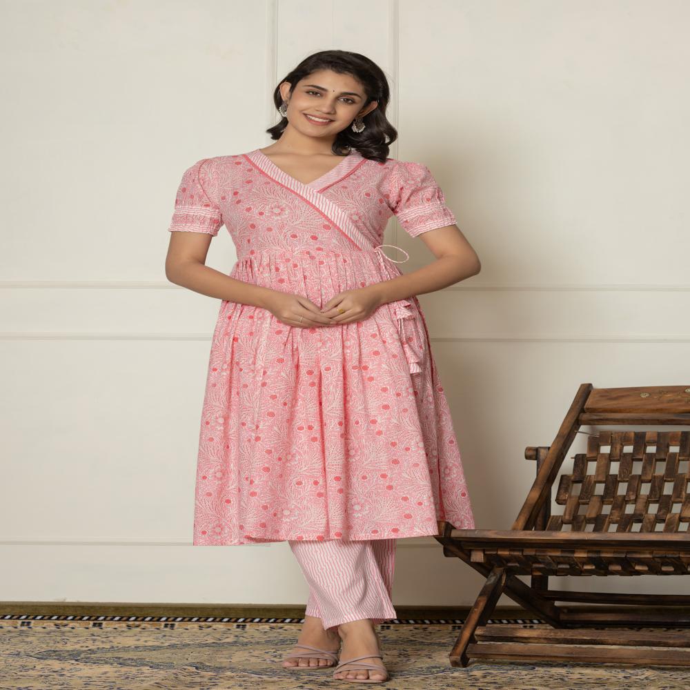 Punch Pink Angrakha Kurti Pant Set With Dupatta