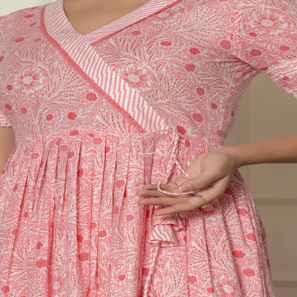 Punch Pink Angrakha Kurti Pant Set With Dupatta