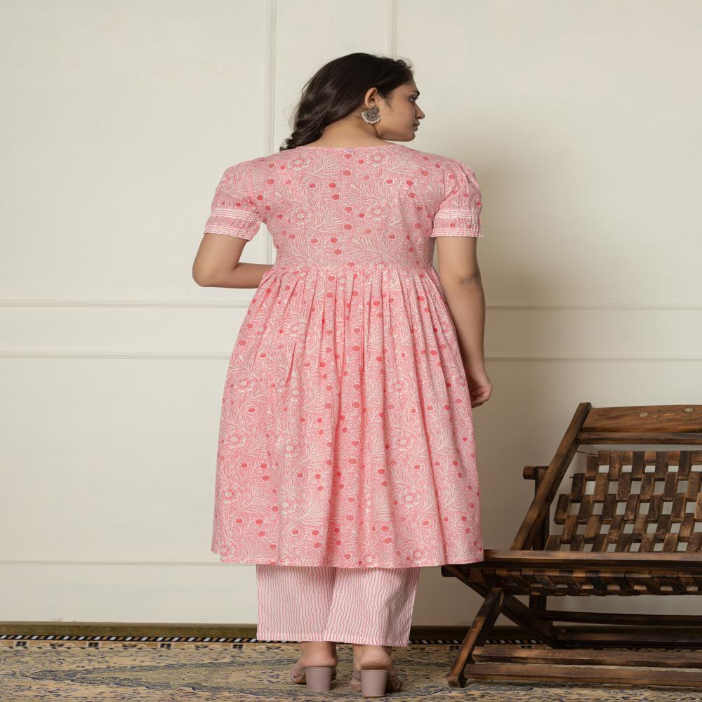 Punch Pink Angrakha Kurti Pant Set With Dupatta