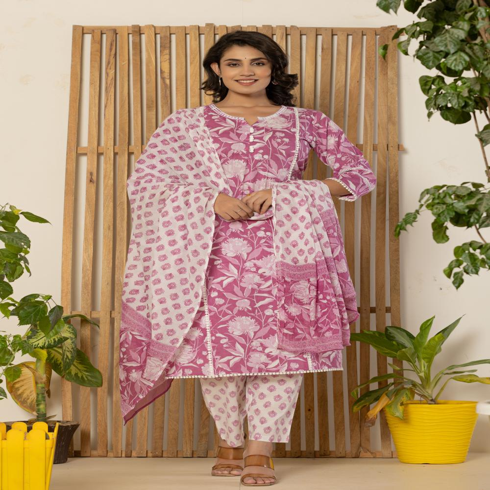 Pearly Purple Kurti Pant Set With Dupatta