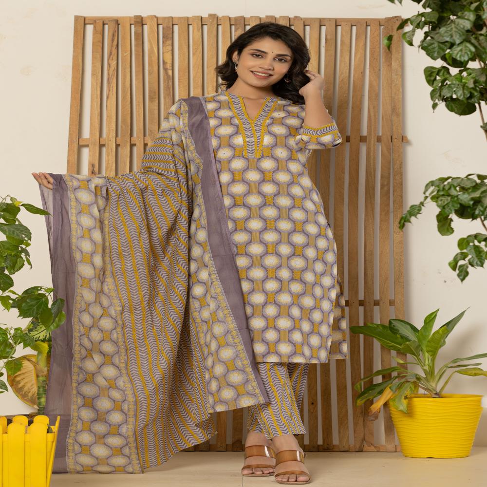 Mustard Yellow Kurti Pant Set With Dupatta