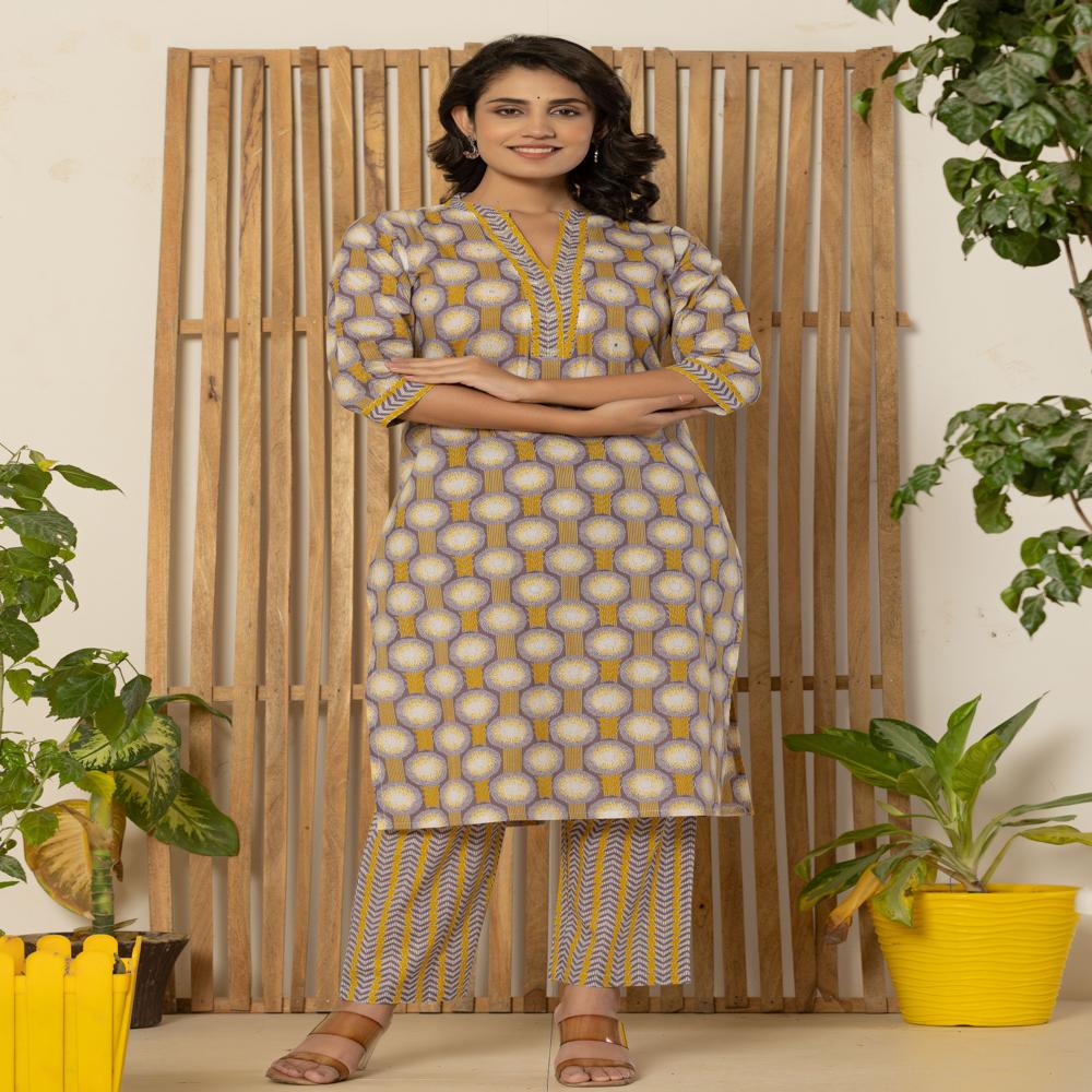 Mustard Yellow Kurti Pant Set With Dupatta - Color: Multicolor
