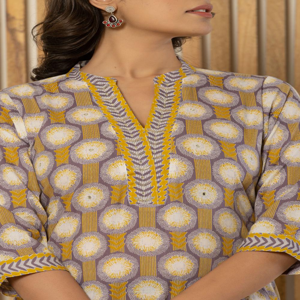 Mustard Yellow Kurti Pant Set With Dupatta - Color: Multicolor