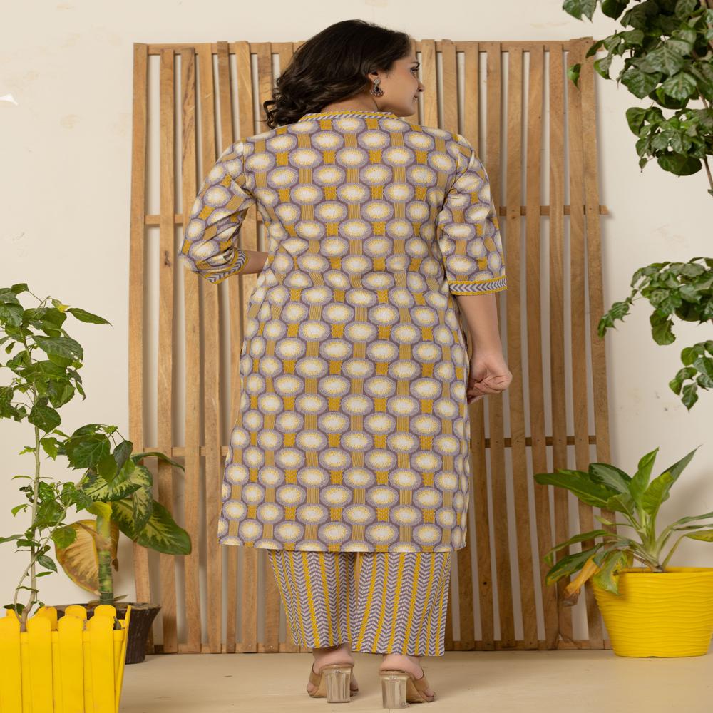 Mustard Yellow Kurti Pant Set With Dupatta - Color: Multicolor